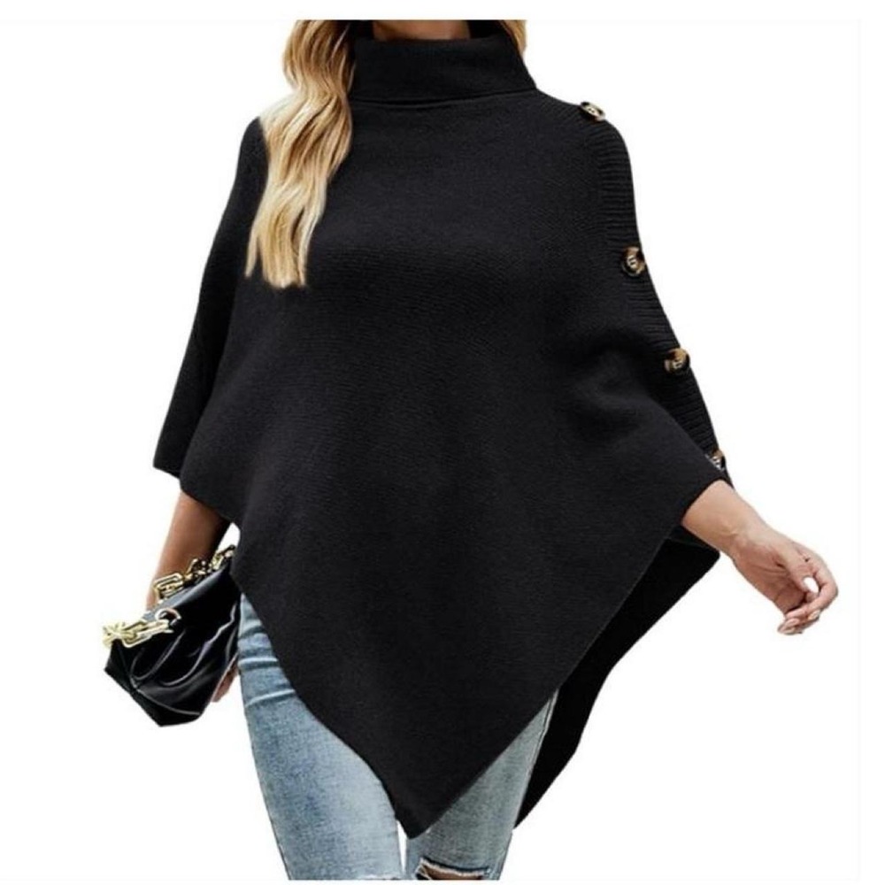 OSHOPLIVE Women Turtleneck Knit Sweater 3/4 Sleeve Asymmetric Hem Oversized